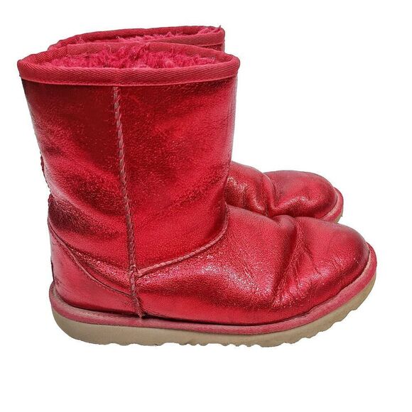 Ugg Classic II‎ Boots 5 Red Shimmer Leather Wool Shearling Lined Pull-On - Picture 3 of 11
